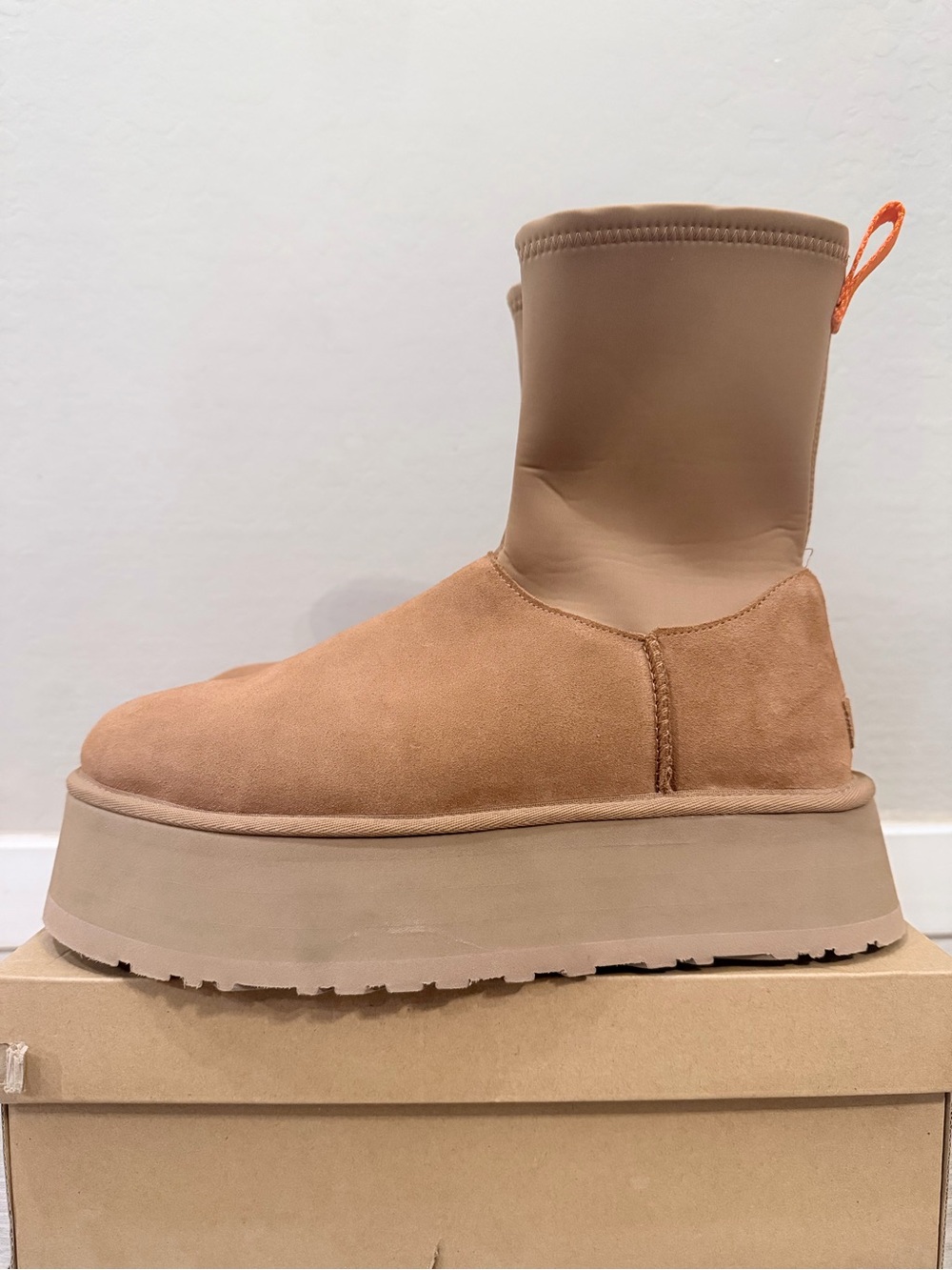 UGG Tan Platform Ankle Boot with Orange Pull Tab
